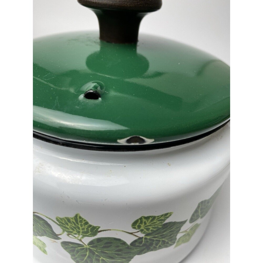 Vintage Porcelain Enamelware Ivy Pattern Tea Pot Kettle Cottage Kitchen Green - Picture 2 of 7